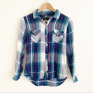 Rails Plaid Tencel Patch Pocket Button Down Shirt Hunter Green Navy Pink XS